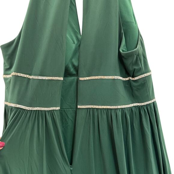 Oleg Cassini Emerald Green Rhinestone Halter Flowy A Line Evening Prom Dress 16W - Picture 7 of 9